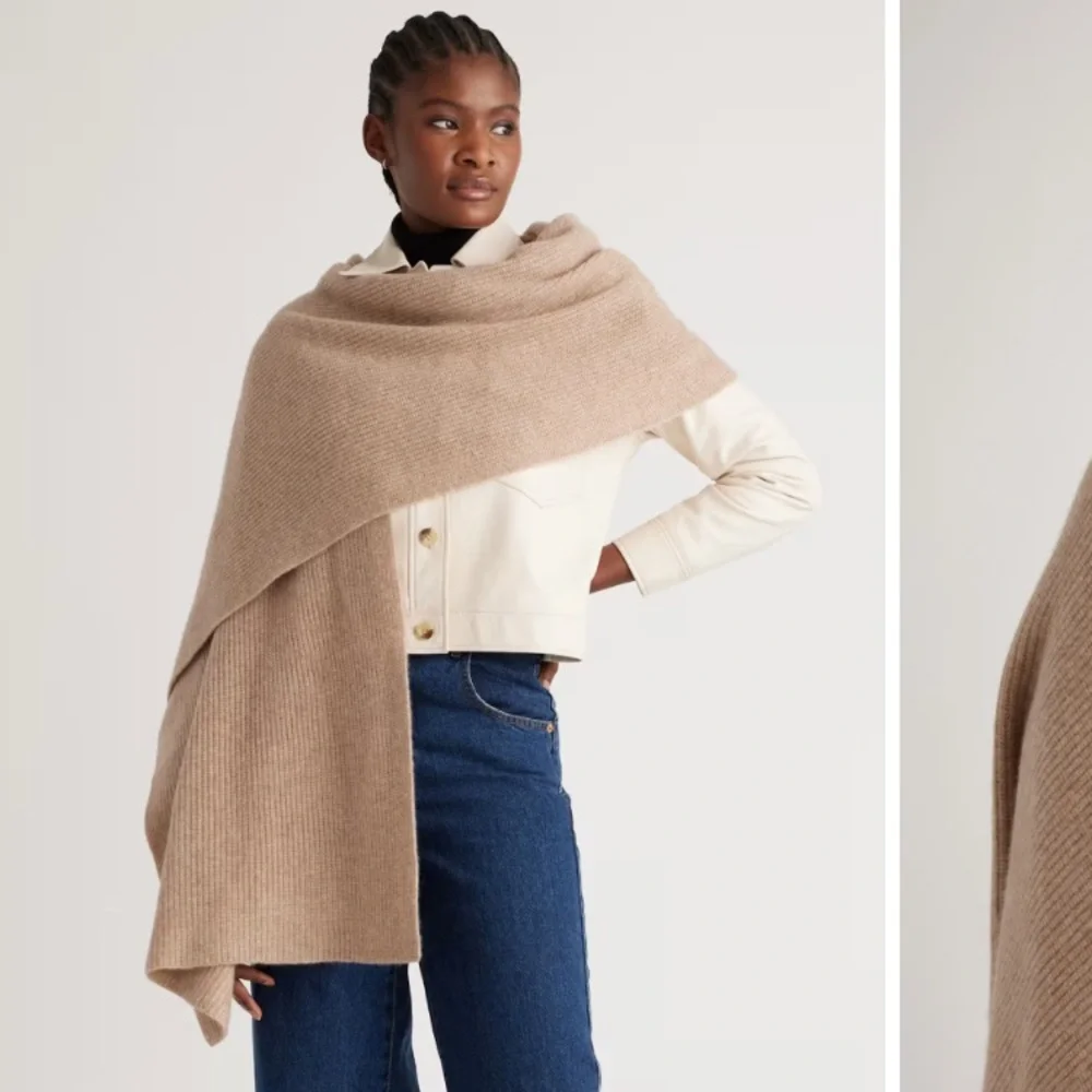 Quince Cashmere Ribbed Wrap - Beige - Picture 2 of 5